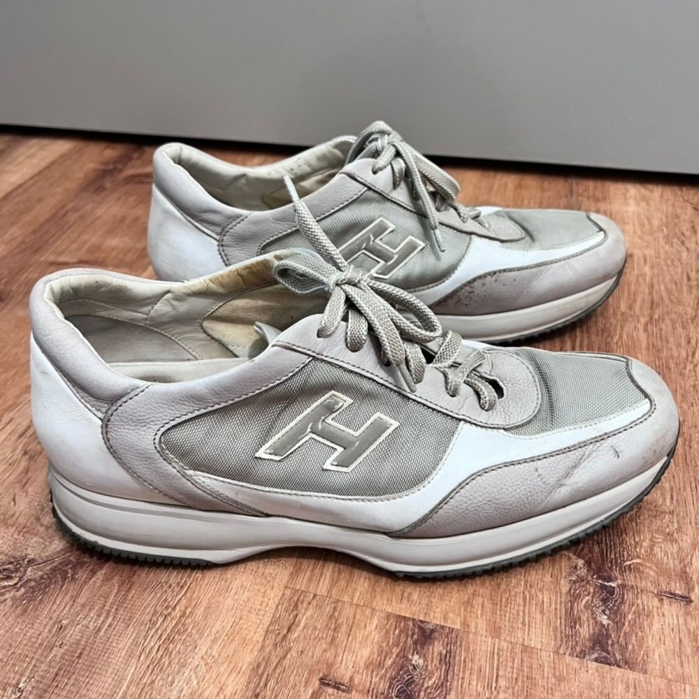 Hogan Low Top Sneakers Mens Sz 12 White Grey Leather Mesh Low Top Made In Italy